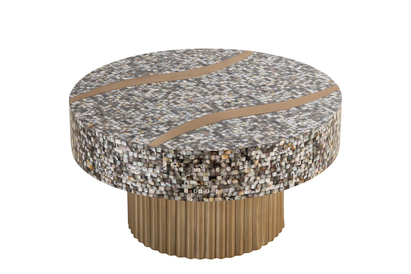 Round inlay side table with mother of pearl mosaic top and fluted brass base
