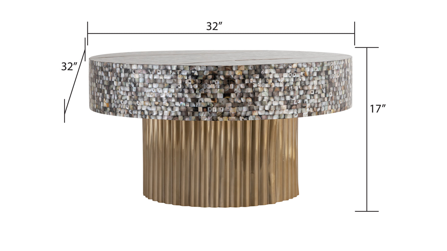 Round mosaic coffee table with mother of pearl inlay and gold fluted pedestal base
