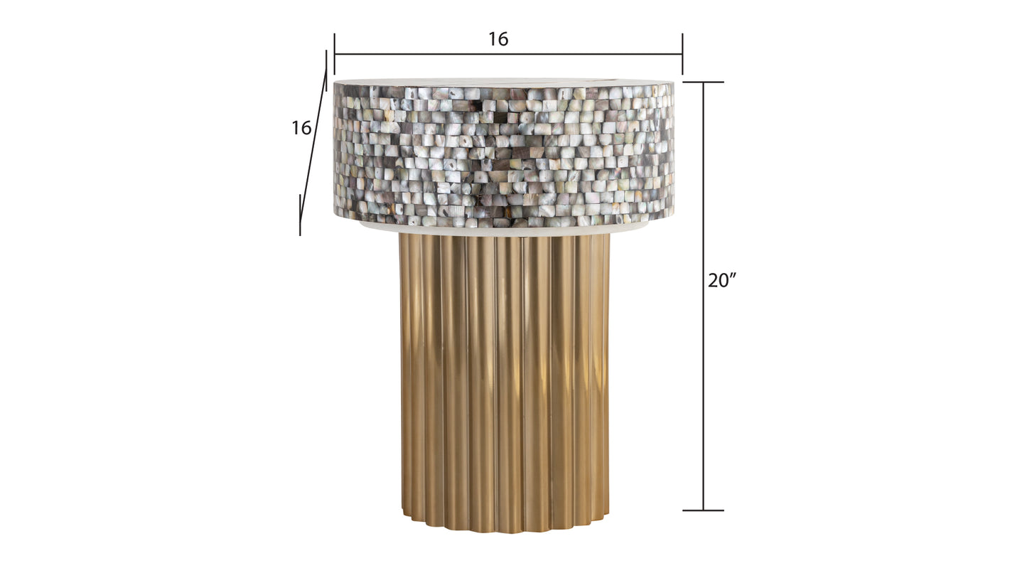 Capiz shell mosaic accent table with gold fluted pedestal base high