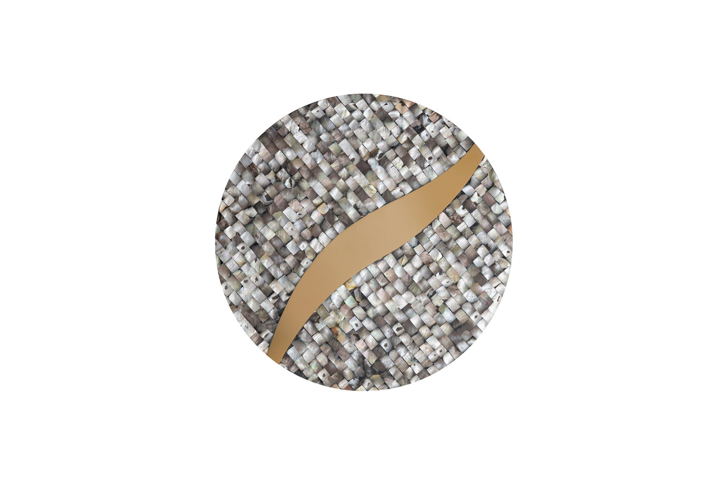 Round decorative mosaic coaster with mother of pearl tiles and gold inlay accent