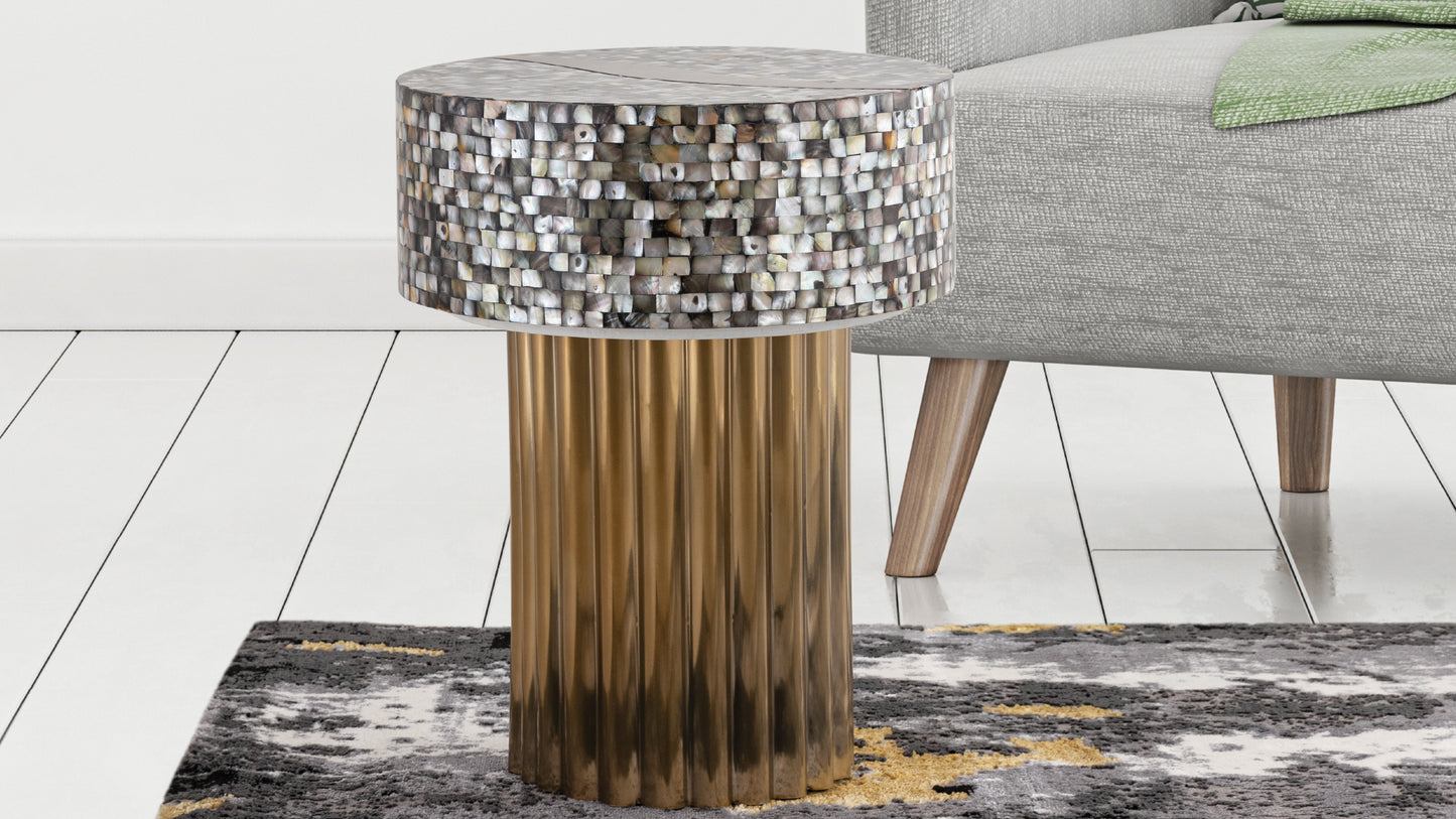 Round accent table with mother of pearl inlay top and fluted gold pedestal base