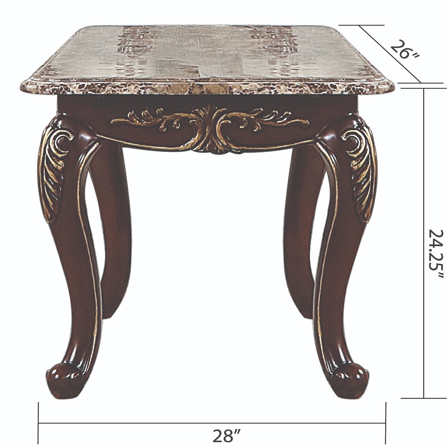 Ornate dark wood end table with marblepatterned top and gold accents