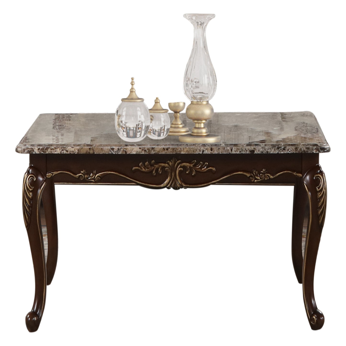 Elegant dark wood coffee table with marble top and ornate gold accents A classic living room furniture piece