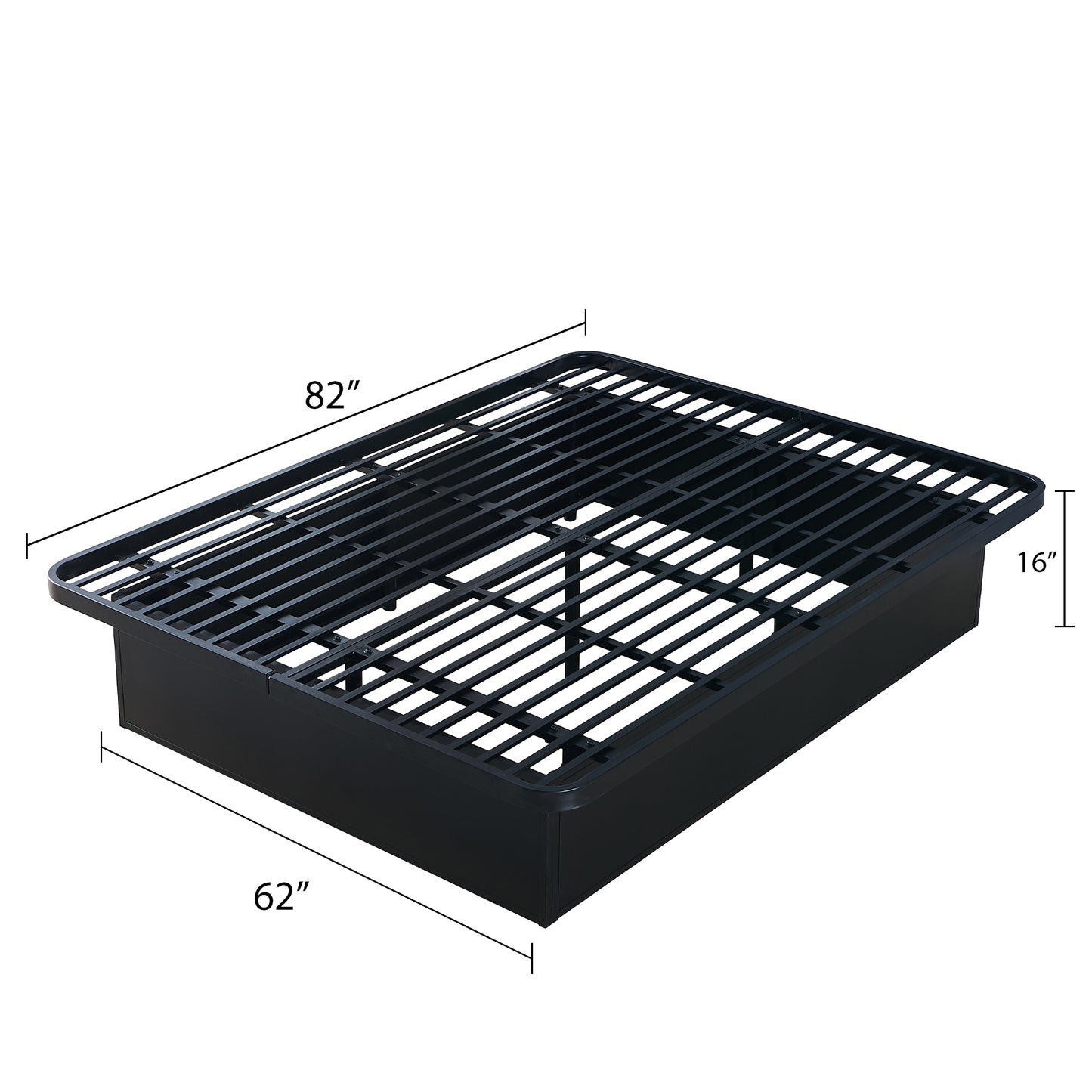 Black metal queen bed frame with inch height and slatted support