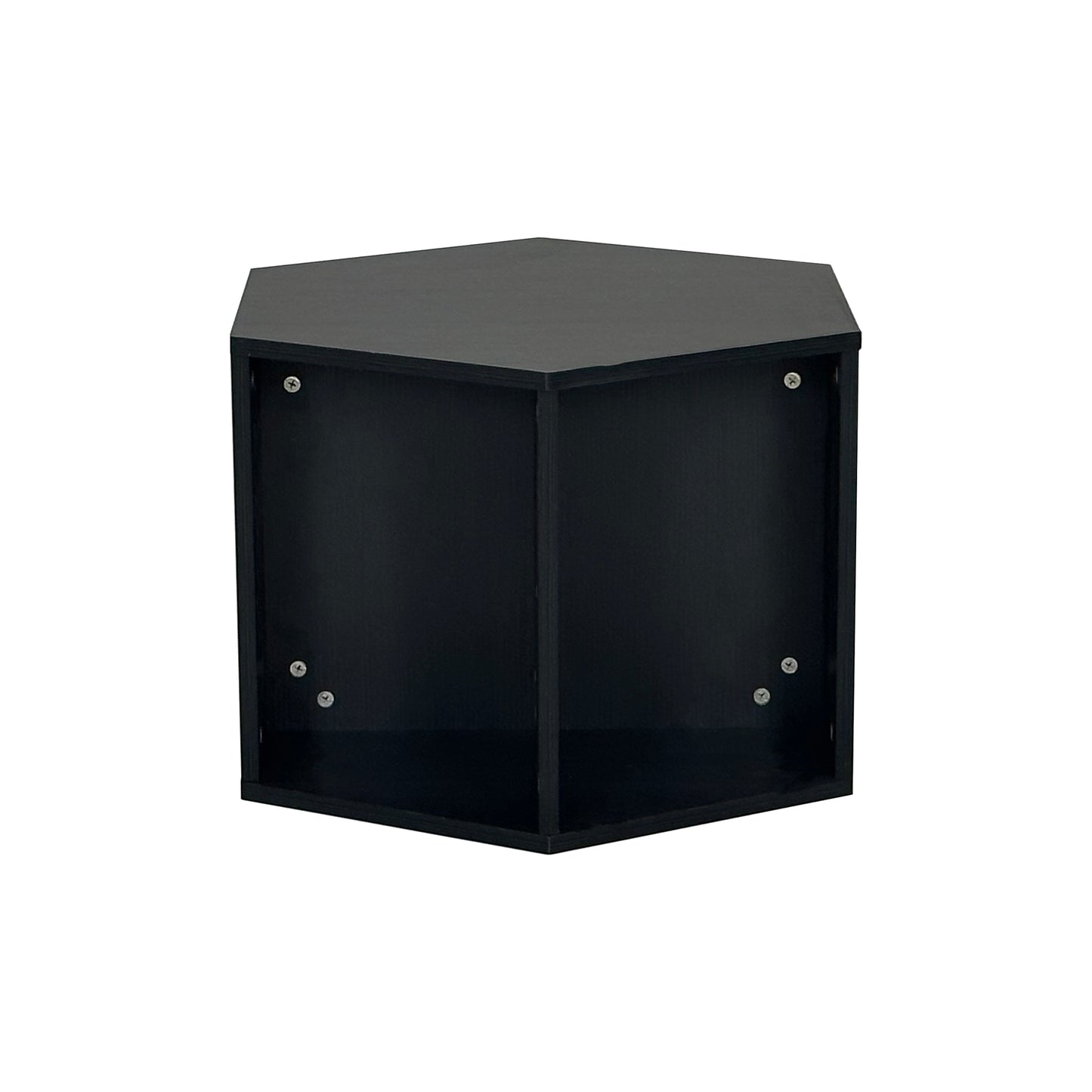 Black hexagonal corner shelf unit made from particleboard