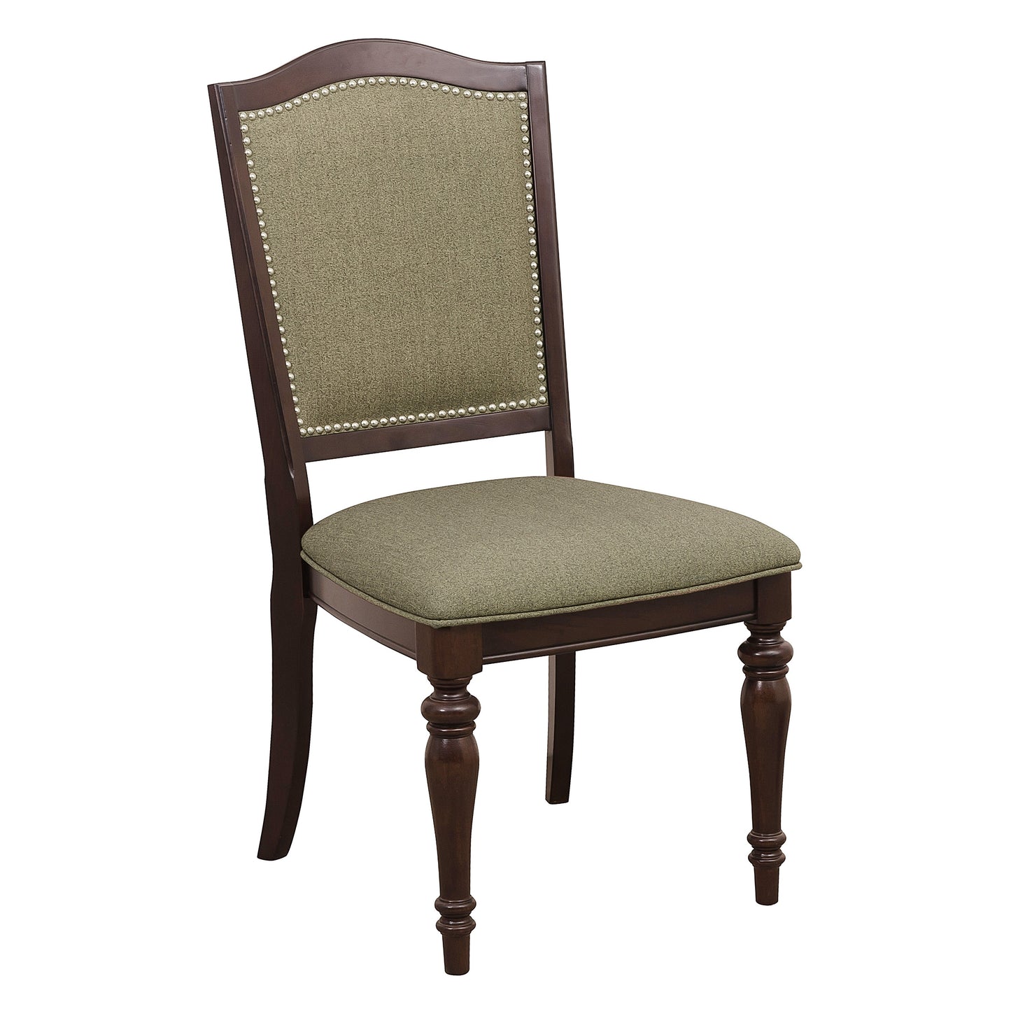 Dark wood dining chair with green textured upholstery and nailhead trim