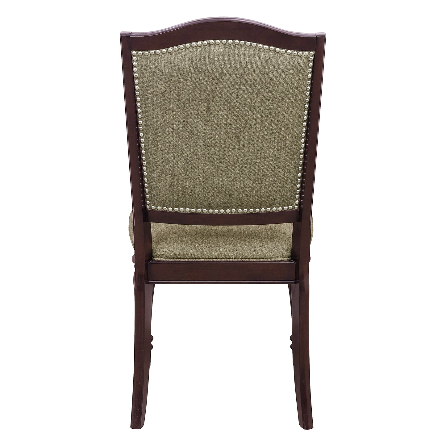 Dark wood dining chair with green upholstered back and nailhead trim