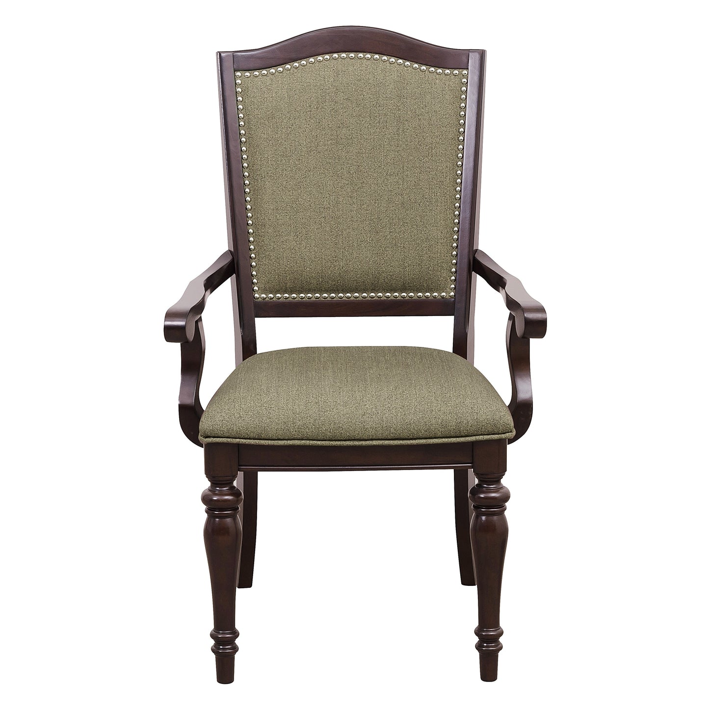 Dark brown wooden dining chair with textured green upholstery and nailhead trim