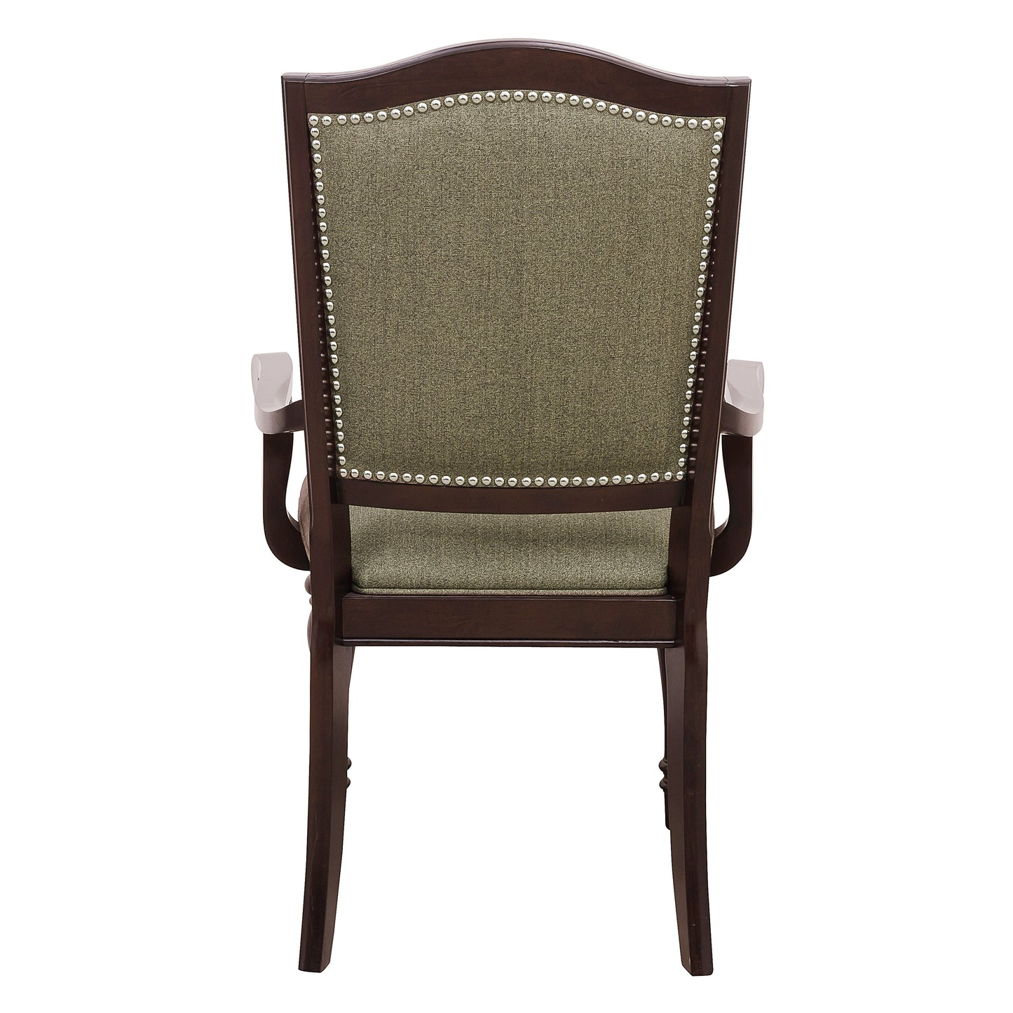 Dark brown wooden armchair with tufted taupe fabric upholstery and silver nailhead trim