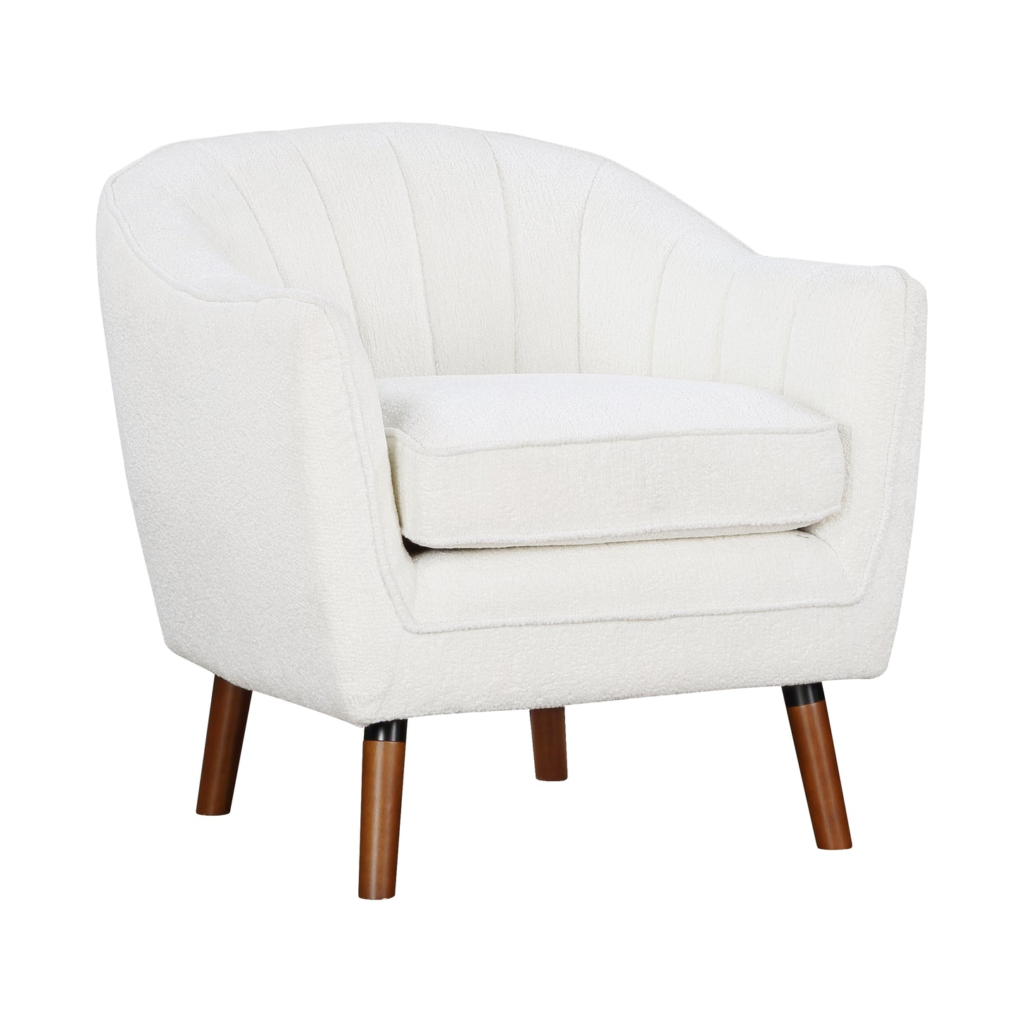 Plush white boucle accent chair with fluted back and tapered wooden legs