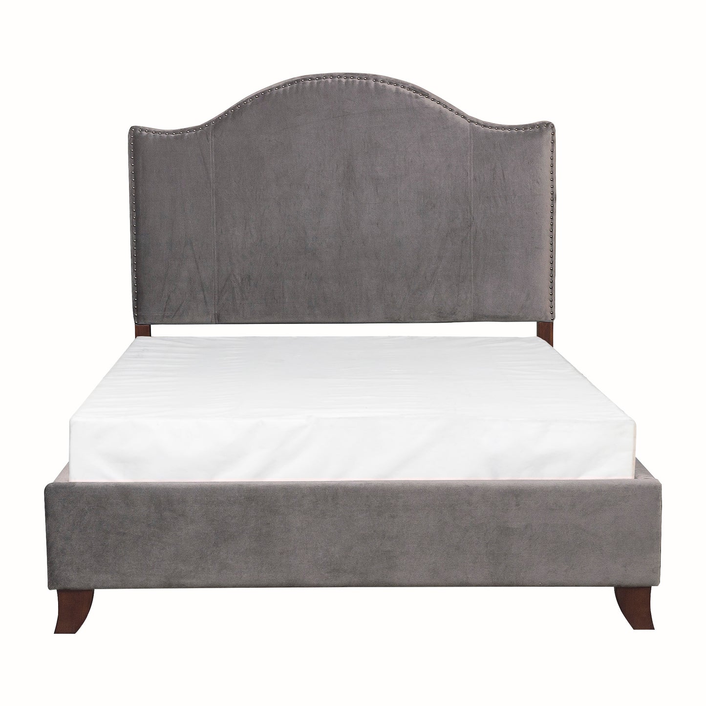 Charcoal gray velvet upholstered queen bed frame with nailhead trim and white mattress