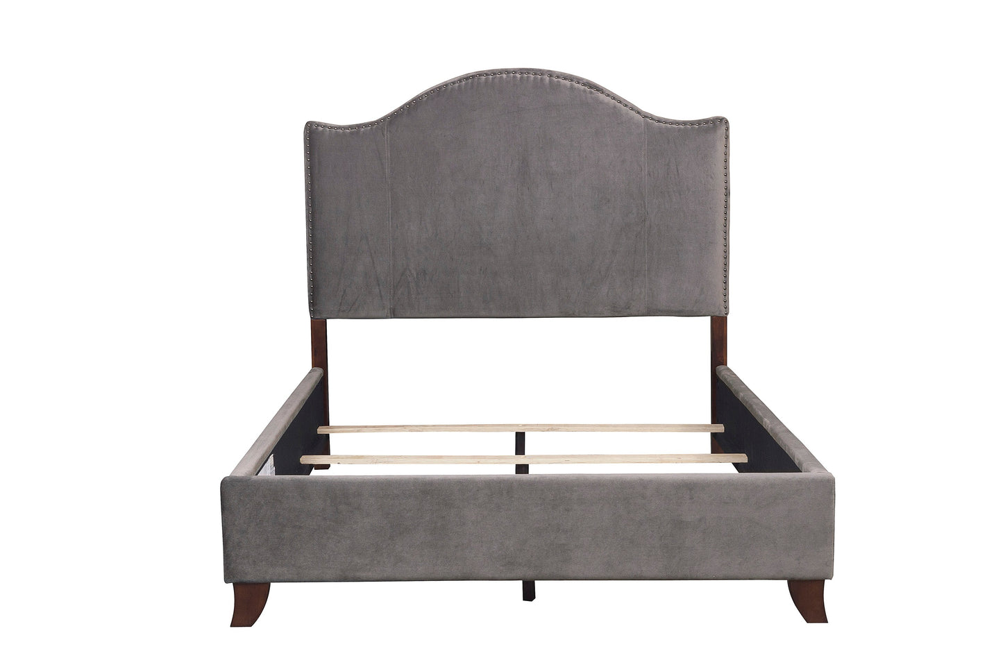 Gray upholstered bed frame with nailhead trim and arched headboard