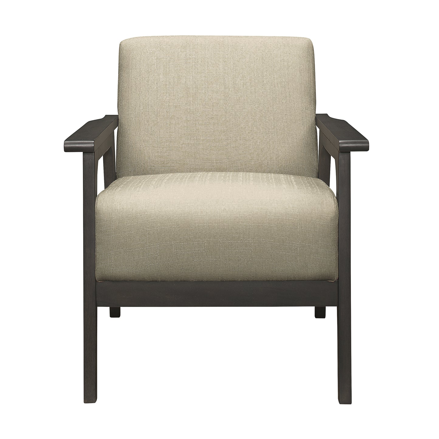 Comfortable beige upholstered accent chair with dark wood frame perfect for living rooms
