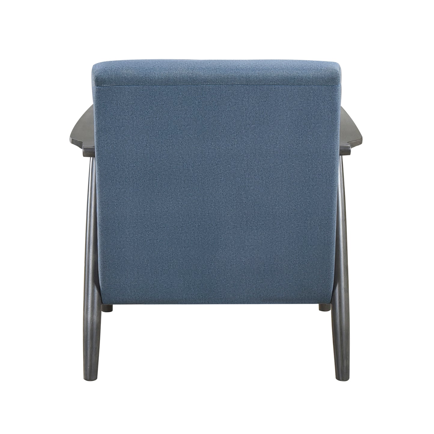 Back view of a modern blue upholstered armchair with dark wood legs and arms