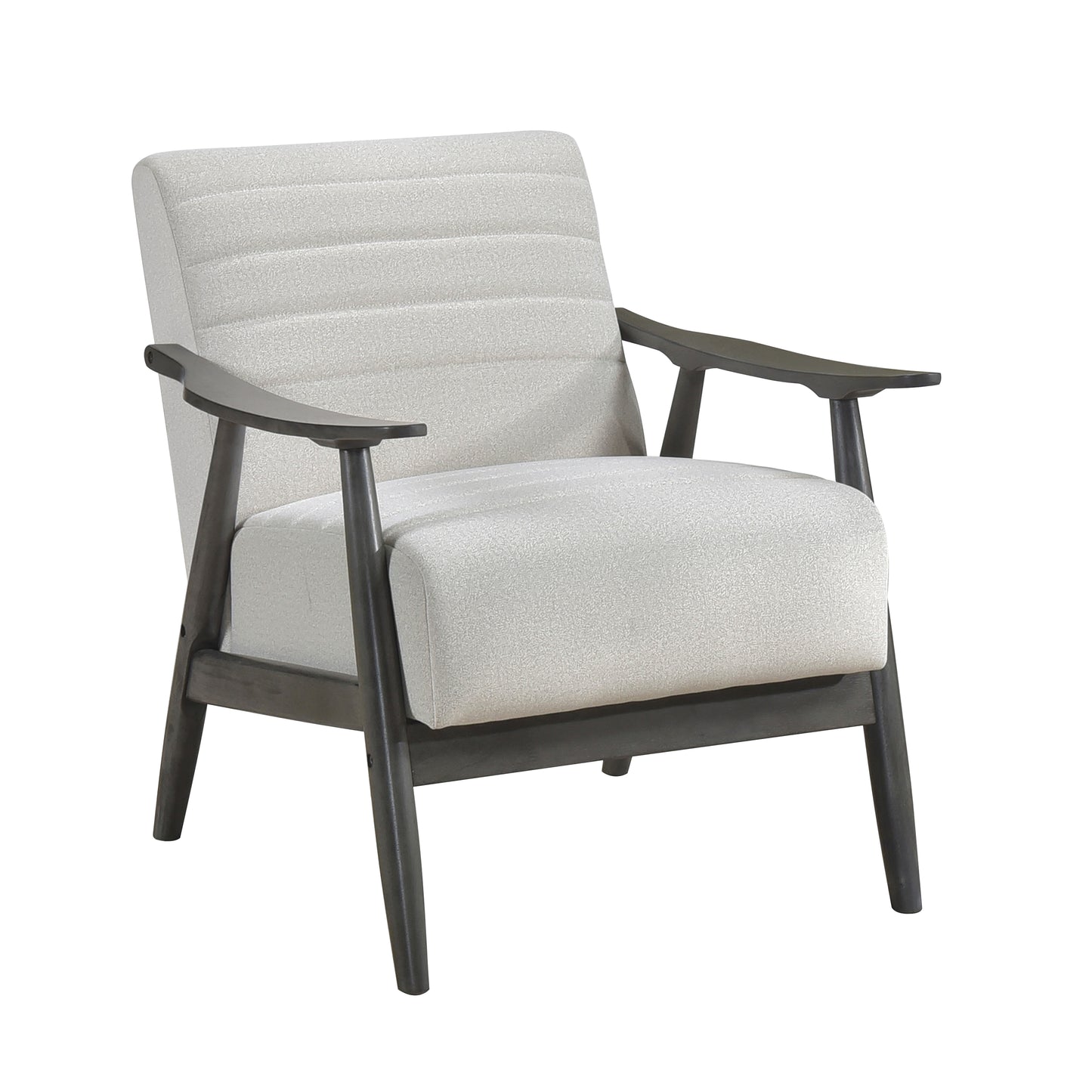Cream textured accent chair with dark wood frame and arms