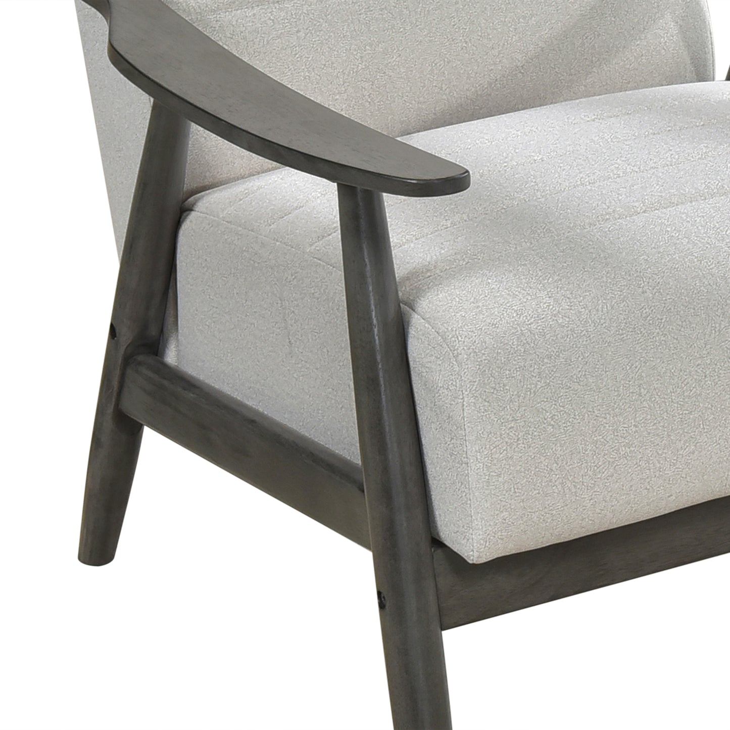 Closeup of a midcentury modern armchair with textured light gray fabric and dark gray wood arms