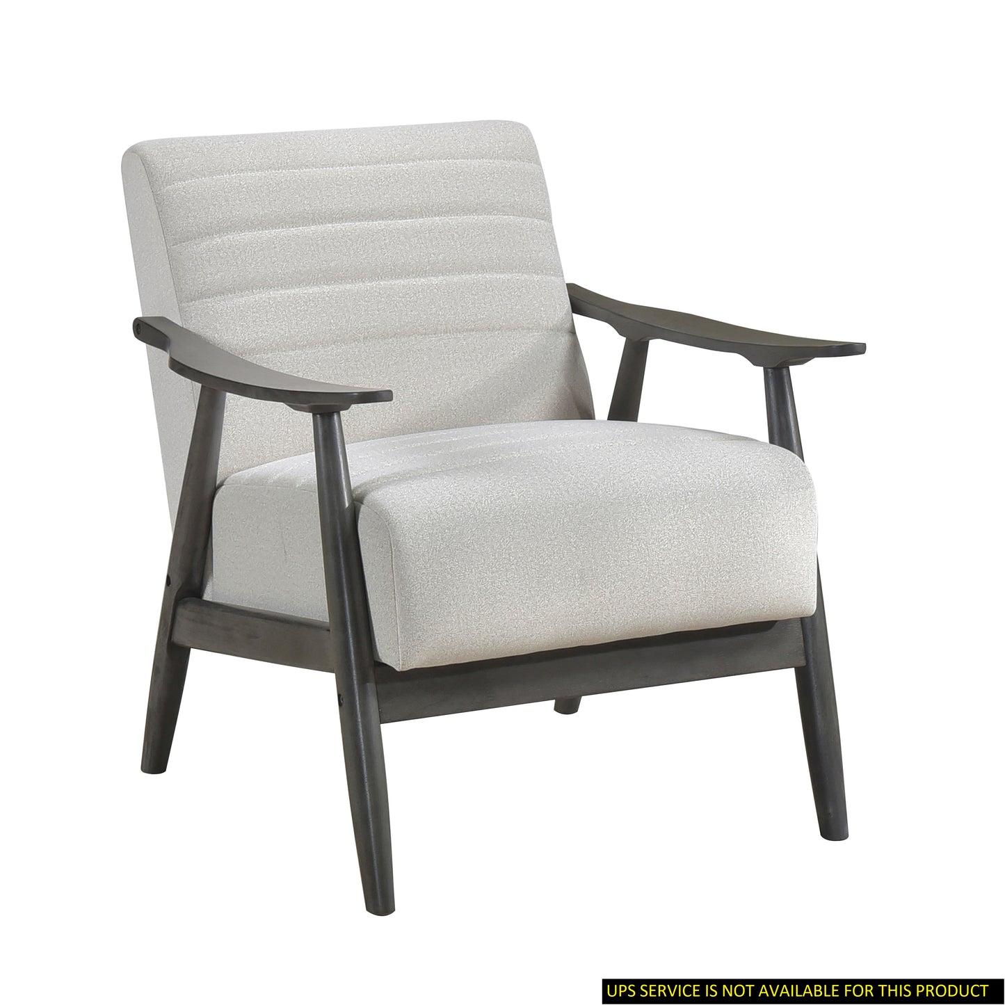 Light grey fabric armchair with curved dark wood arms and legs for modern living rooms