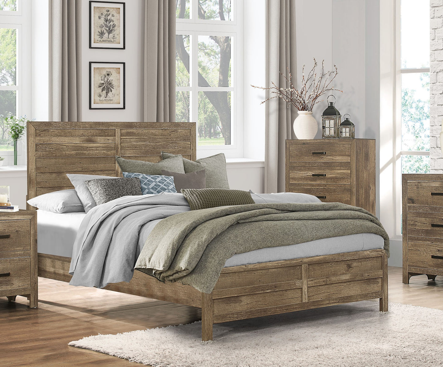 Rustic oak wood queen bed frame with textured headboard