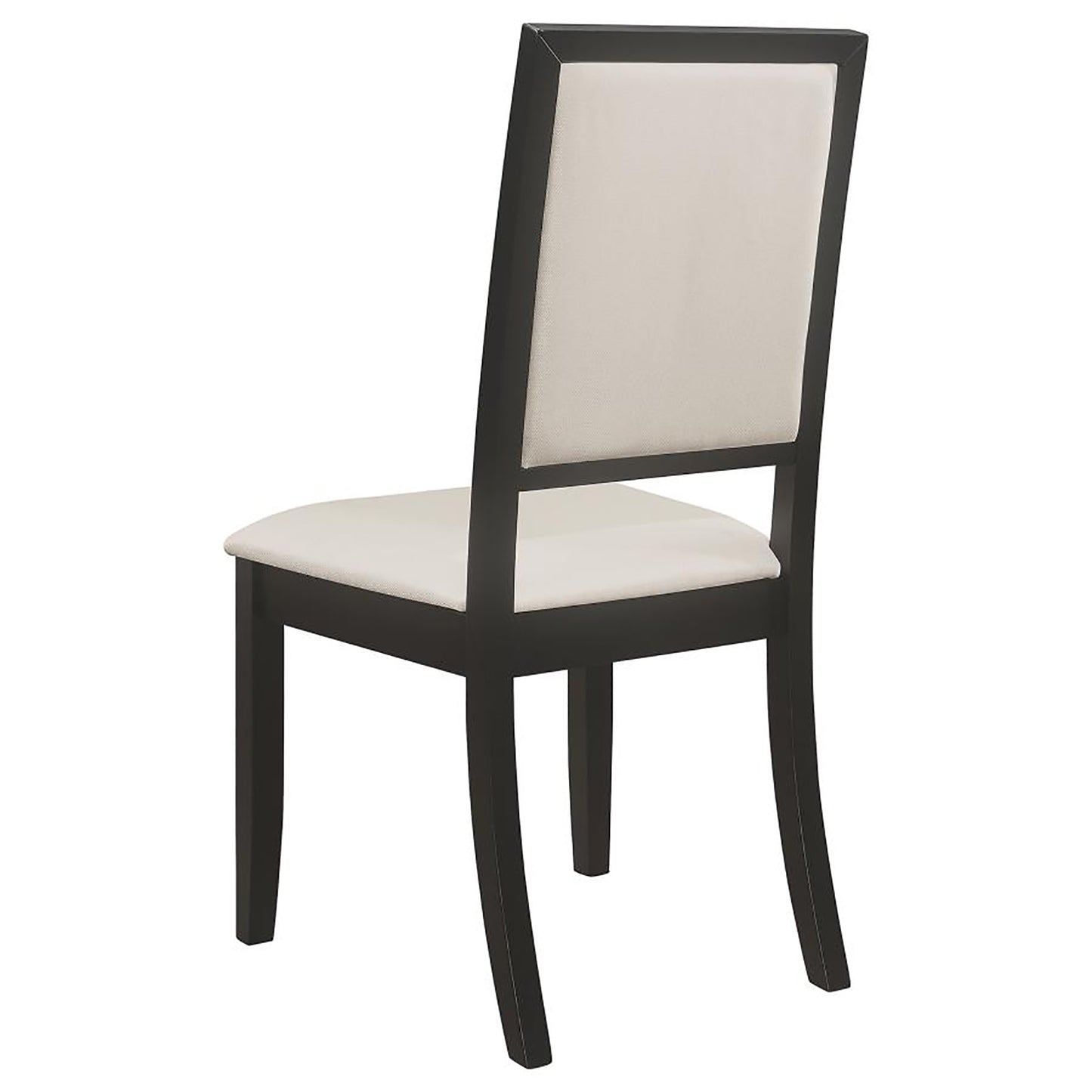 Upholstered dining chair with a dark wood frame and neutral fabric seat and back