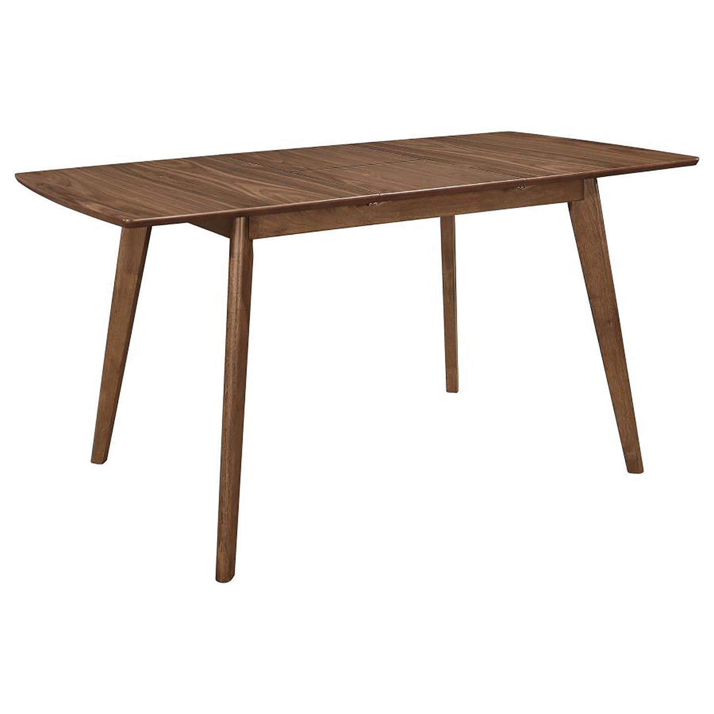 Rectangular walnut dining table with tapered legs and an expandable leaf for versatile seating