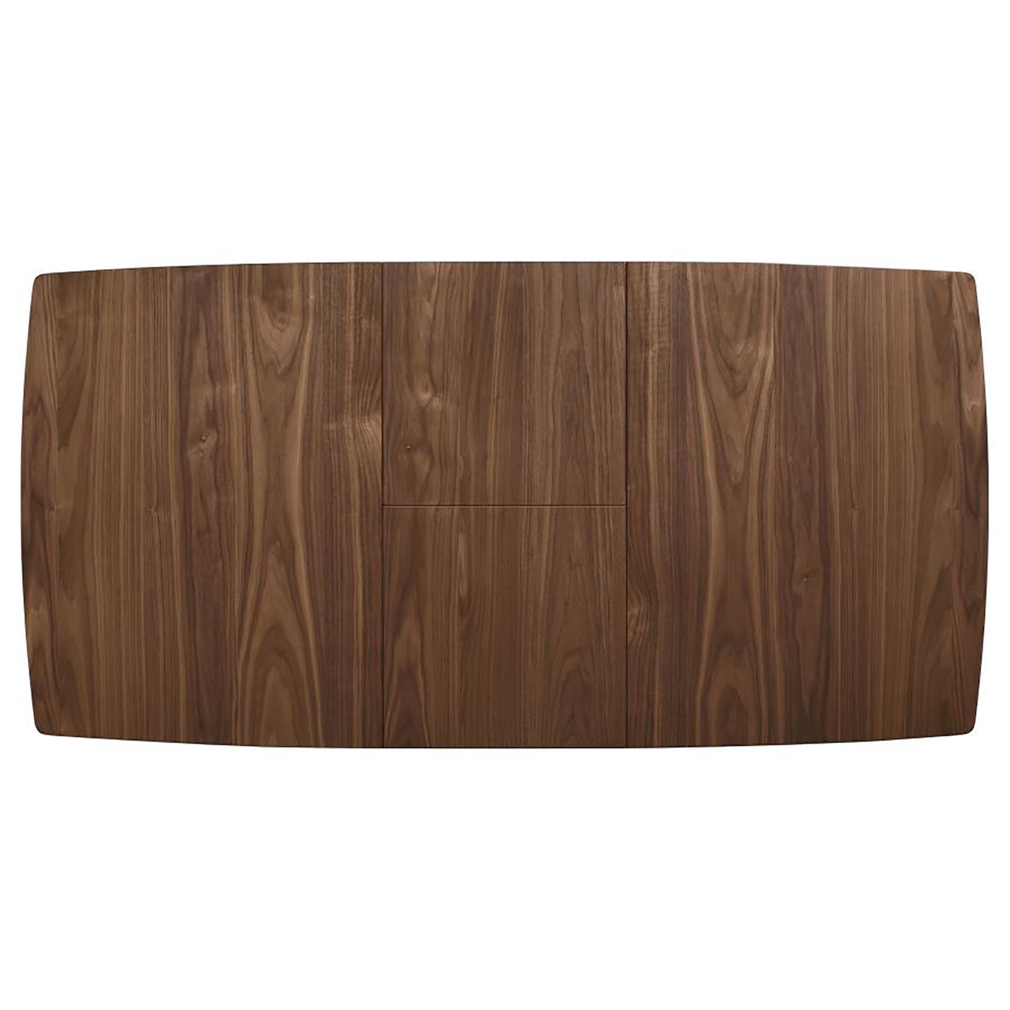 Rustic walnut veneer dining table with rounded edges showcasing natural wood grain patterns