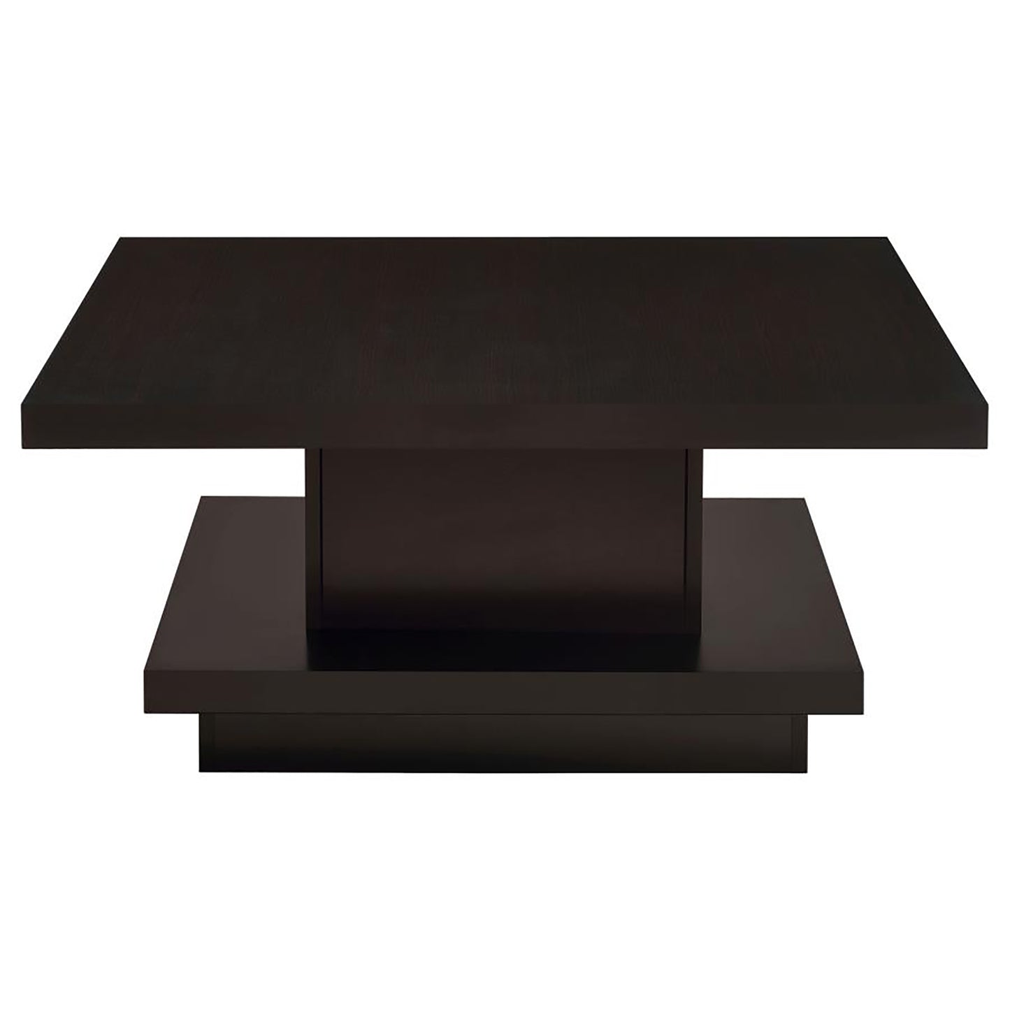 Modern dark wood square coffee table with a cantilevered design for a chic living room