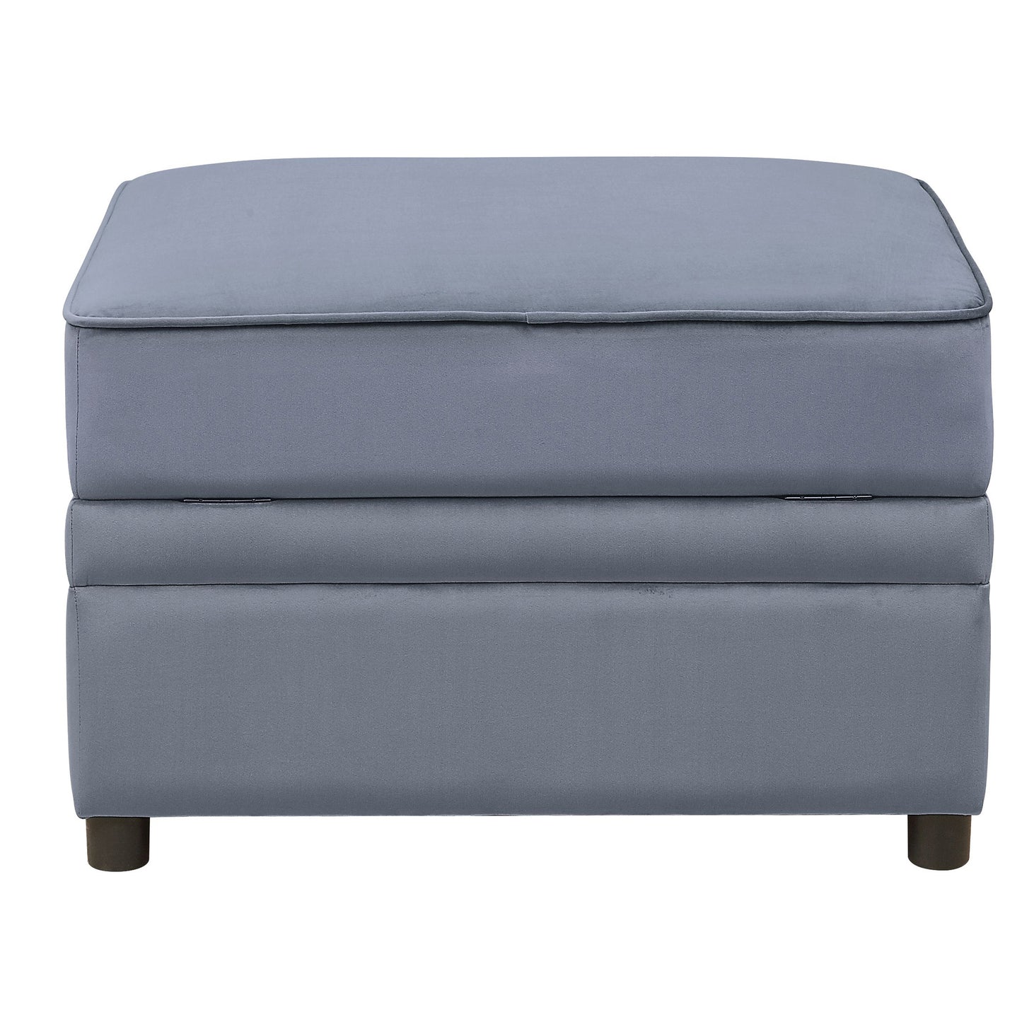 Gray fabric storage ottoman with tufted lid and dark wooden legs