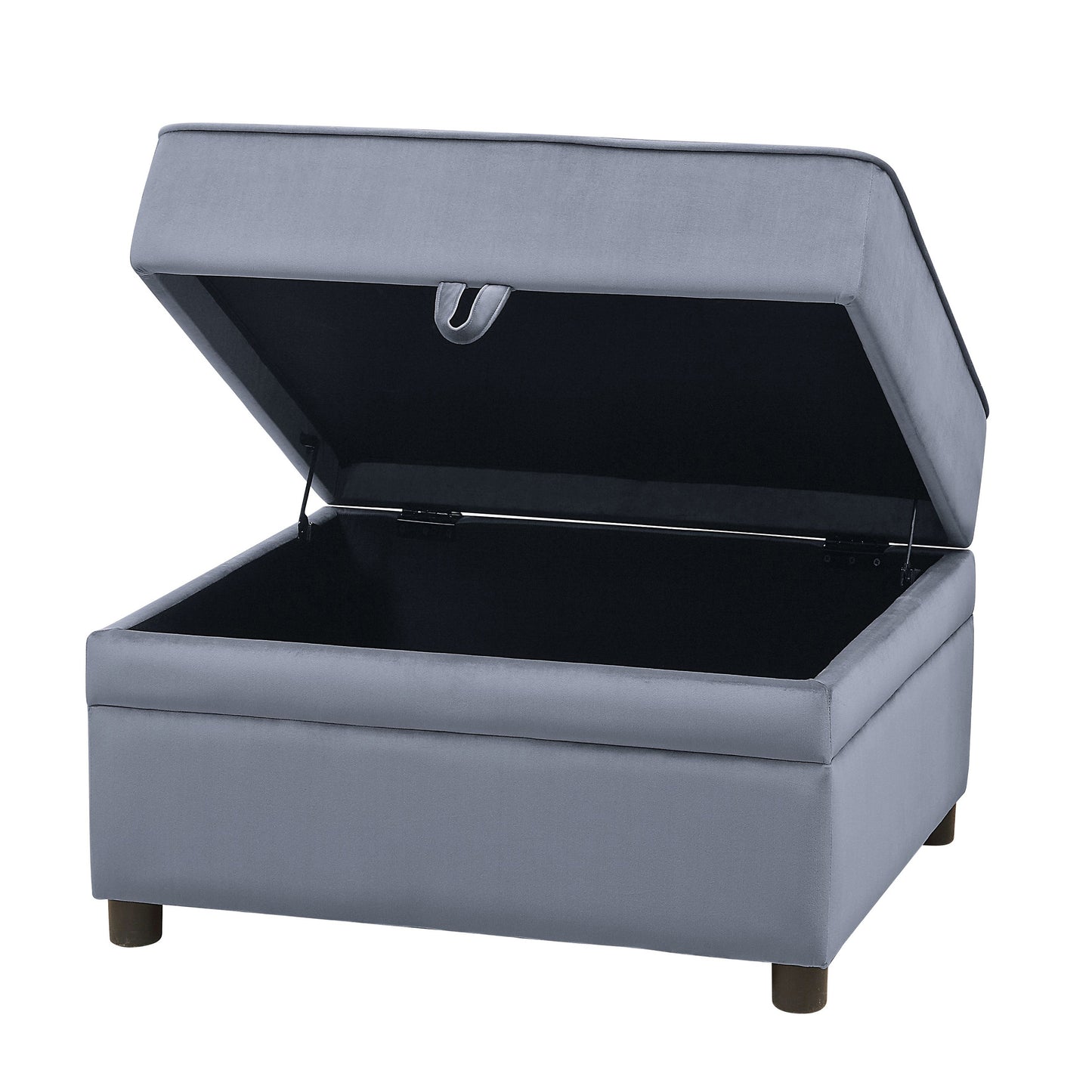 Gray velvet storage ottoman with hinged lid open showcasing spacious interior for home organization