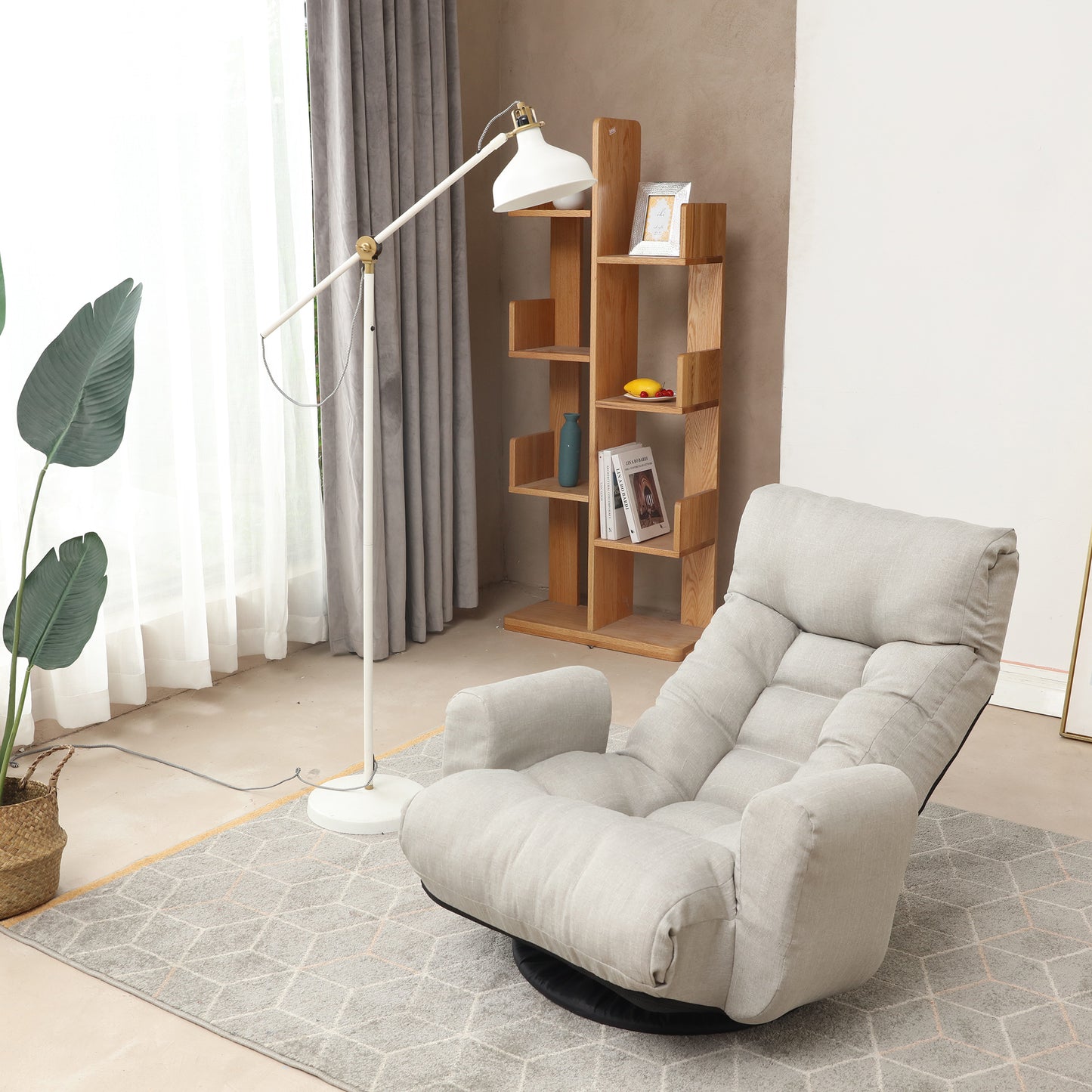 Comfortable light gray linen floor chair with adjustable reclining backrest for relaxation