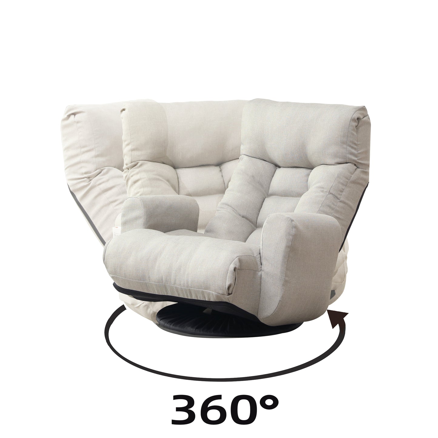 Padded swivel chair in beige linen fabric with tufted seat and backrest characters