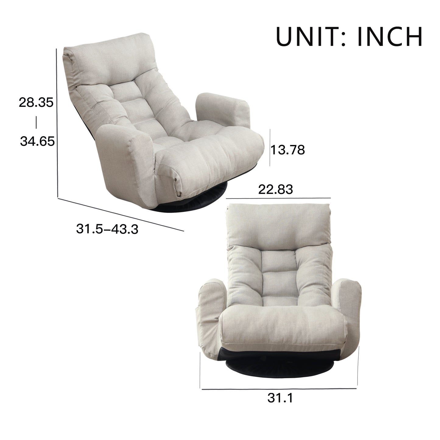 Light beige linen floor chair with adjustable backrest and swivel base