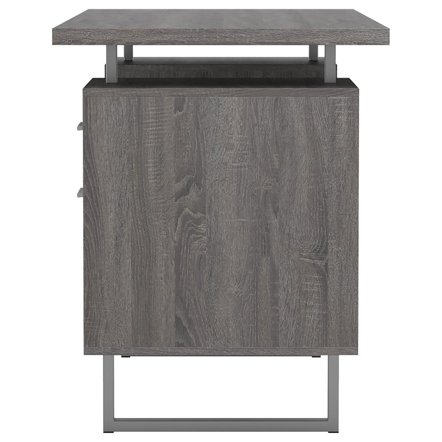 Modern grey wood desk with minimalist metal legs perfect for a home office setup
