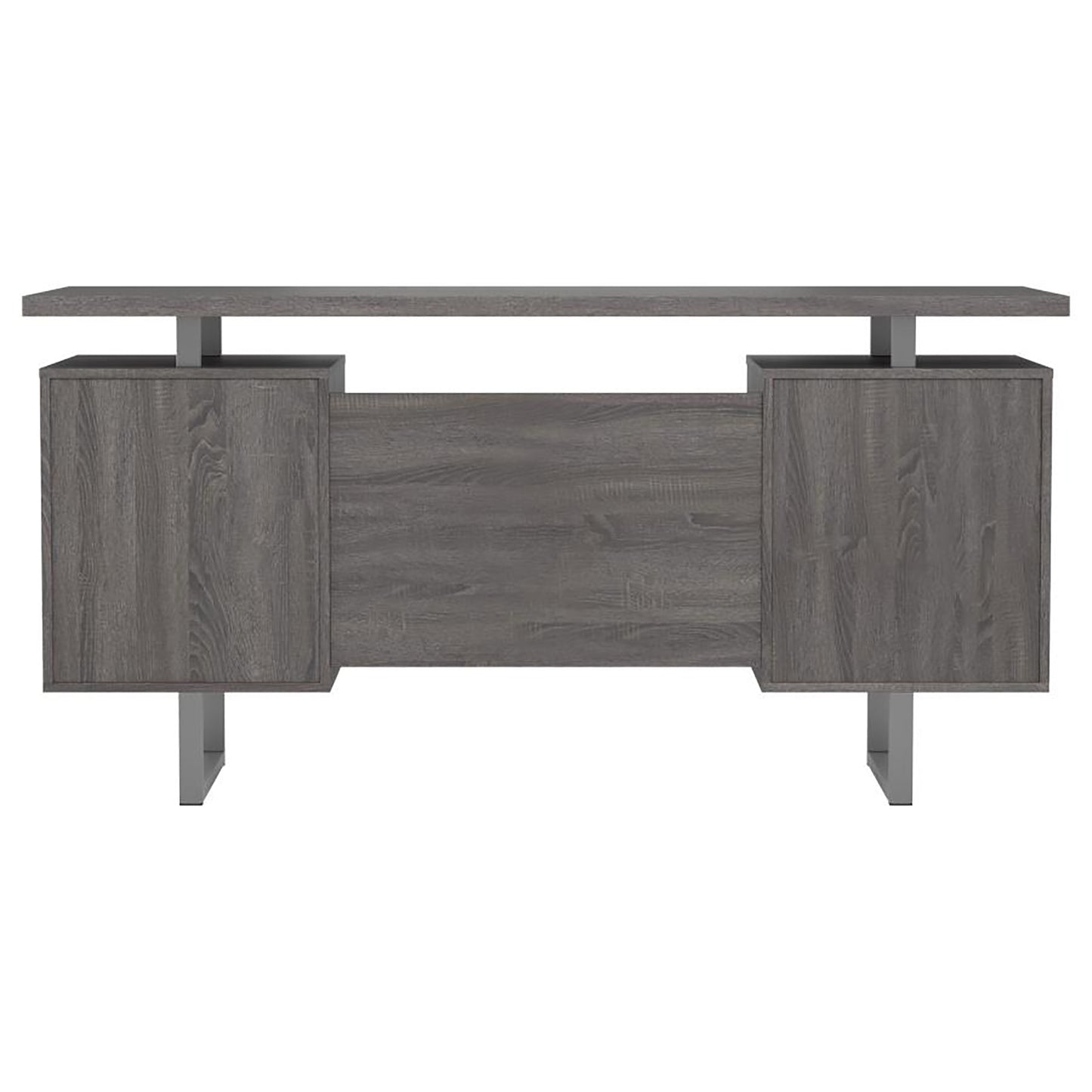 Modern grey wood executive desk with silver metal legs and raised shelf
