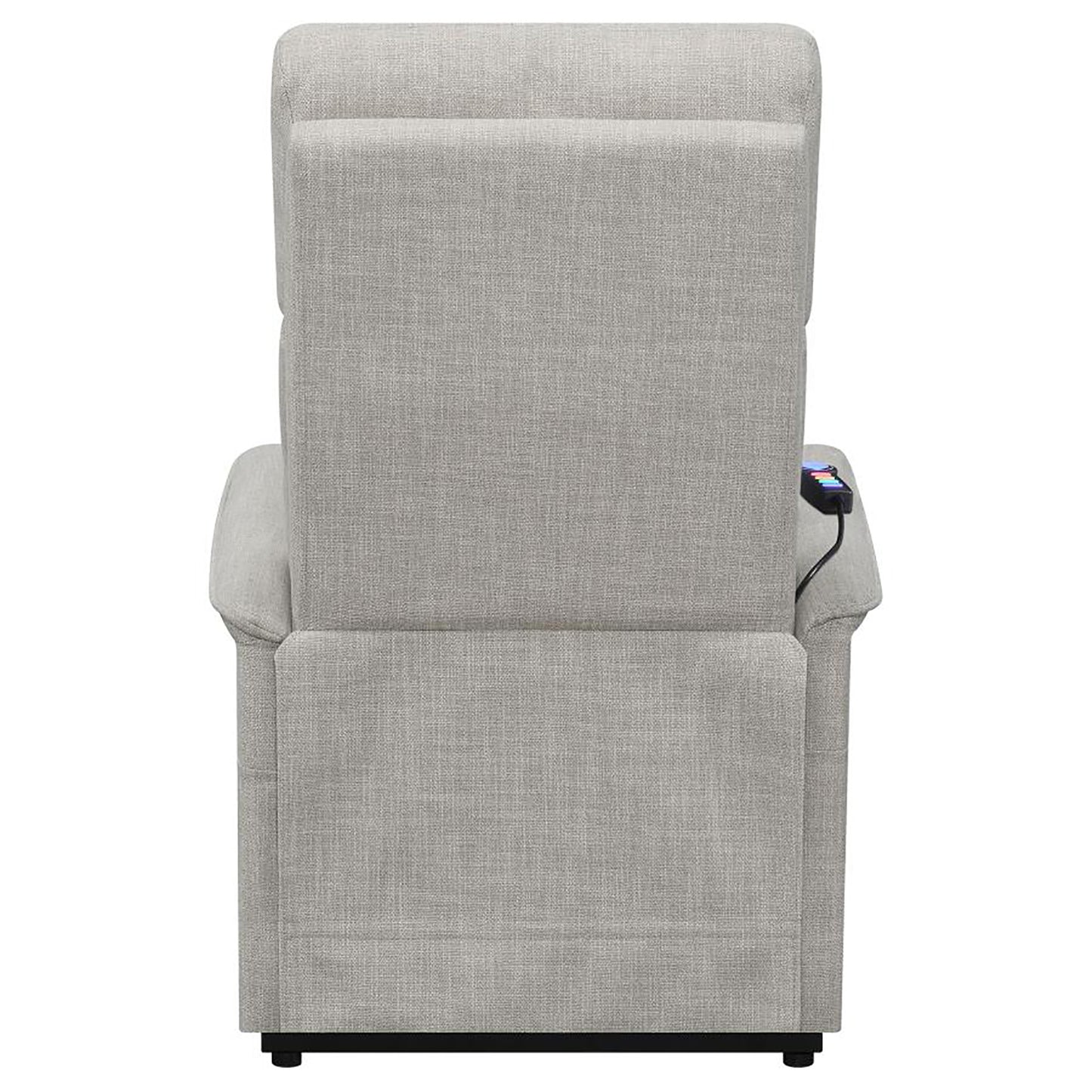 Back view of a light gray fabric power lift recliner with a remote control attached