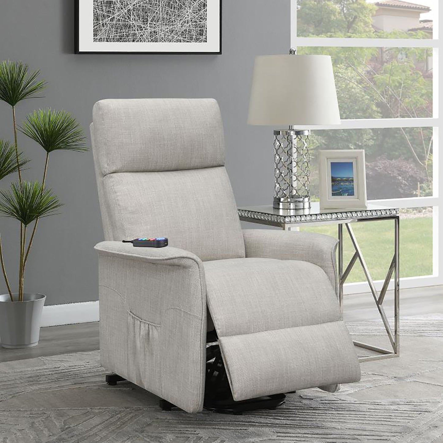 Comfortable beige fabric lift recliner with side pocket and remote control