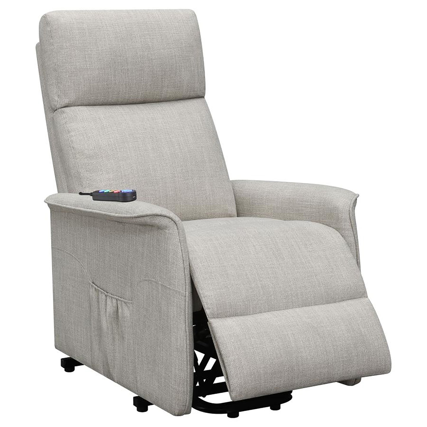 Light gray fabric power lift recliner chair with remote control and side pocket