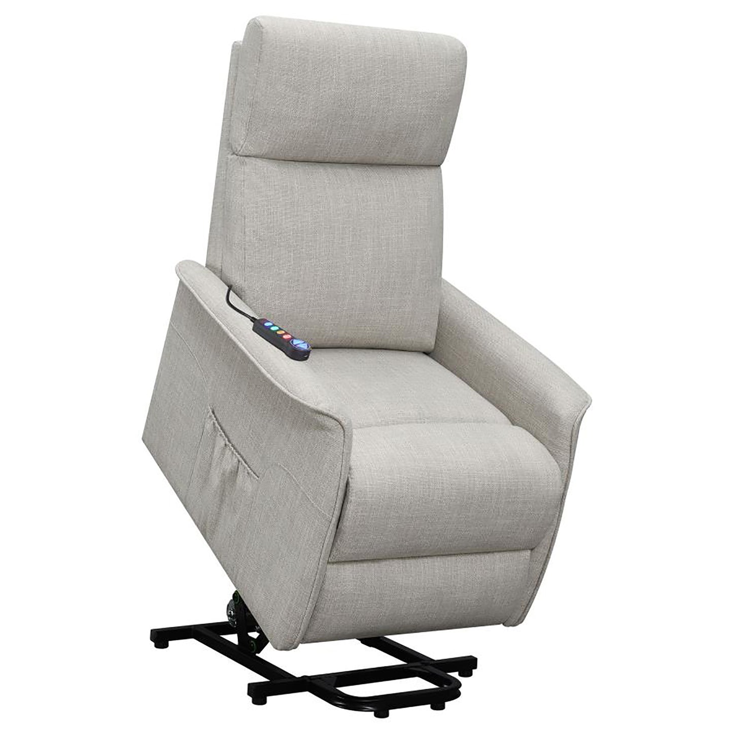 Light gray fabric lift chair with remote control perfect for home use