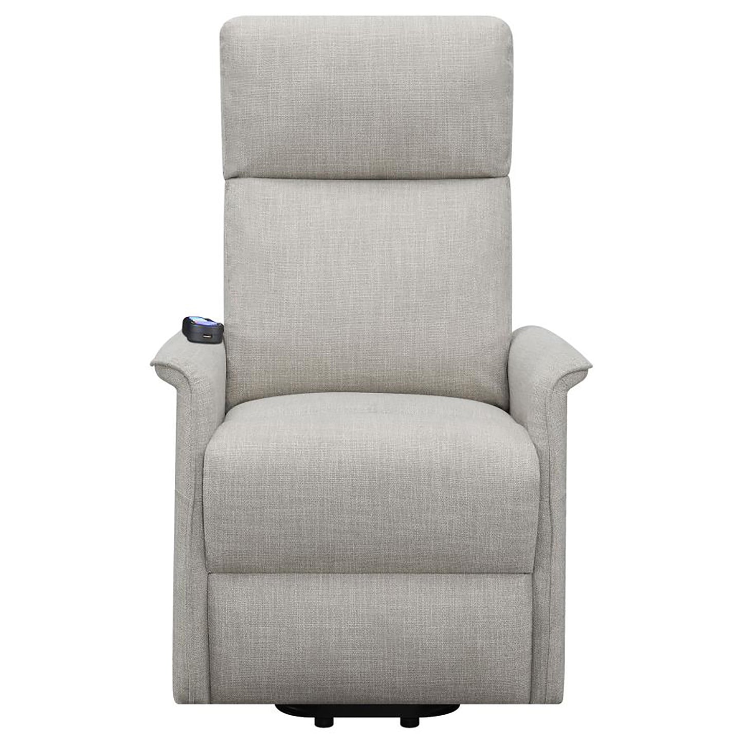 Gray fabric power lift recliner with plush cushioning and armrest controls