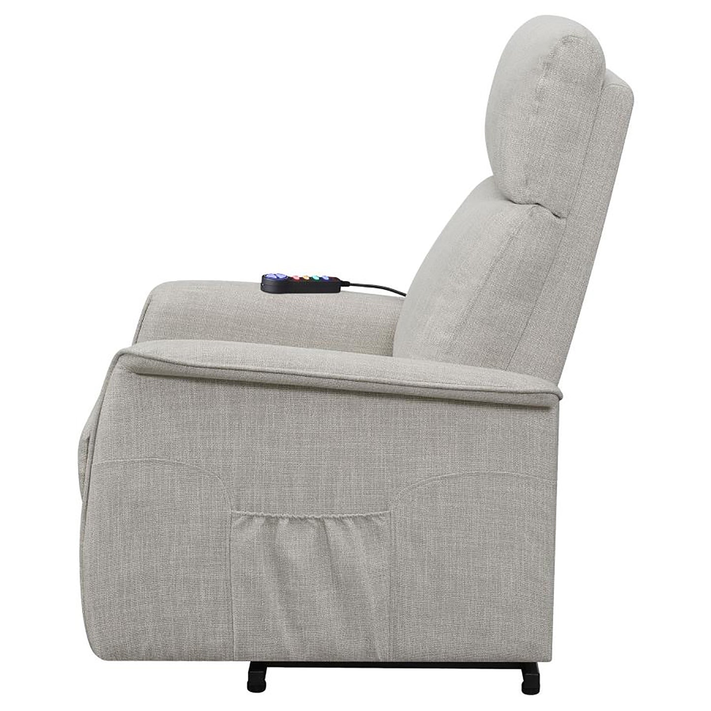 Light gray fabric recliner with adjustable headrest and side remote control