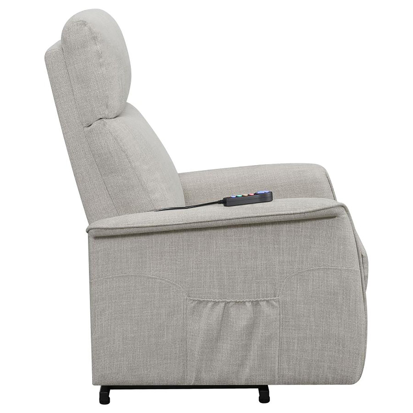 Light grey fabric recliner chair with power control remote on armrest
