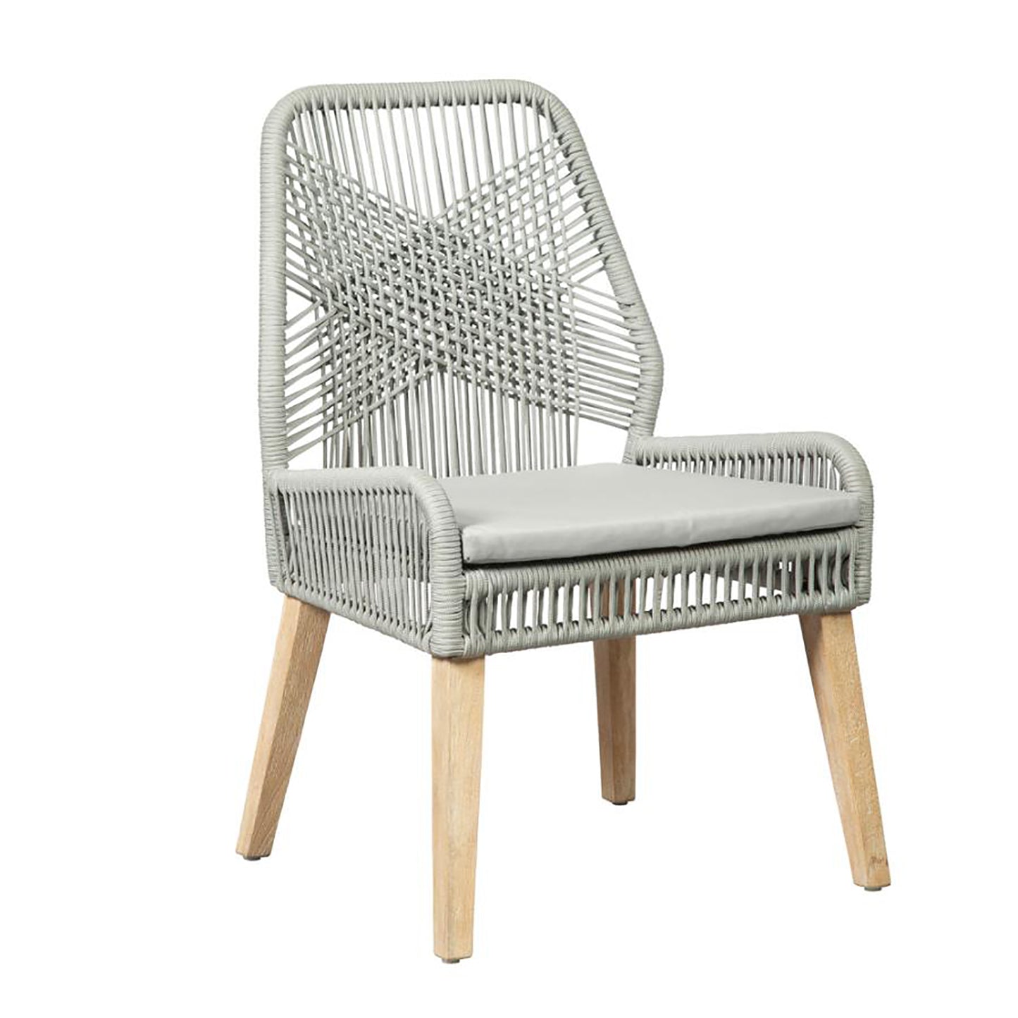 Grey wicker dining chair with natural wood legs and a light grey seat cushion