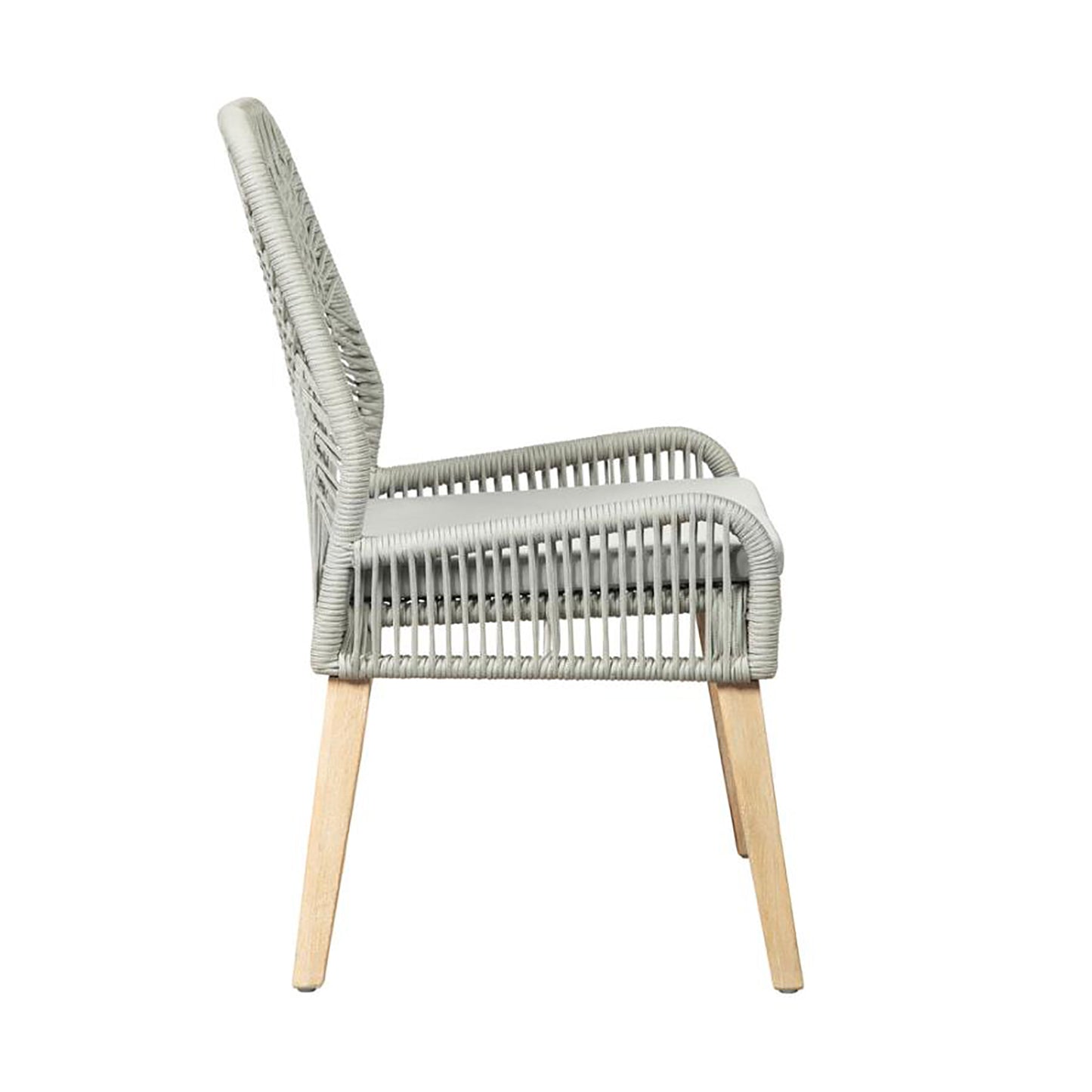 Light grey woven outdoor chair with natural wood legs and cushion