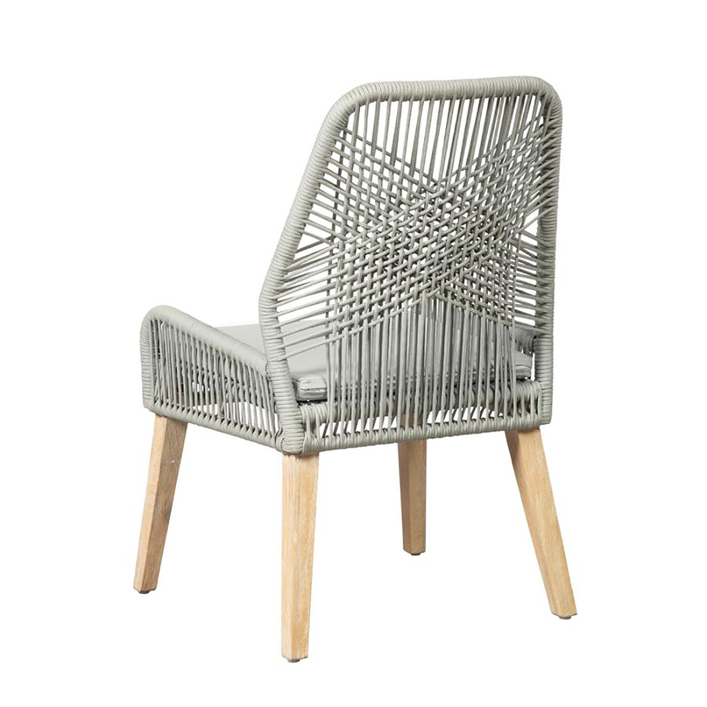 Grey woven dining chair with light wood legs and a light grey cushion
