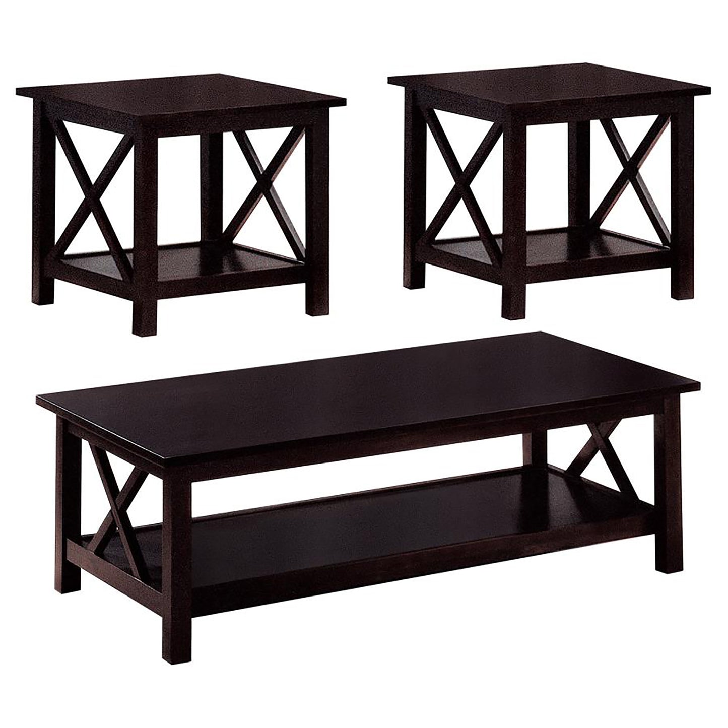 Dark espresso wood coffee table with Xframe legs and lower shelf