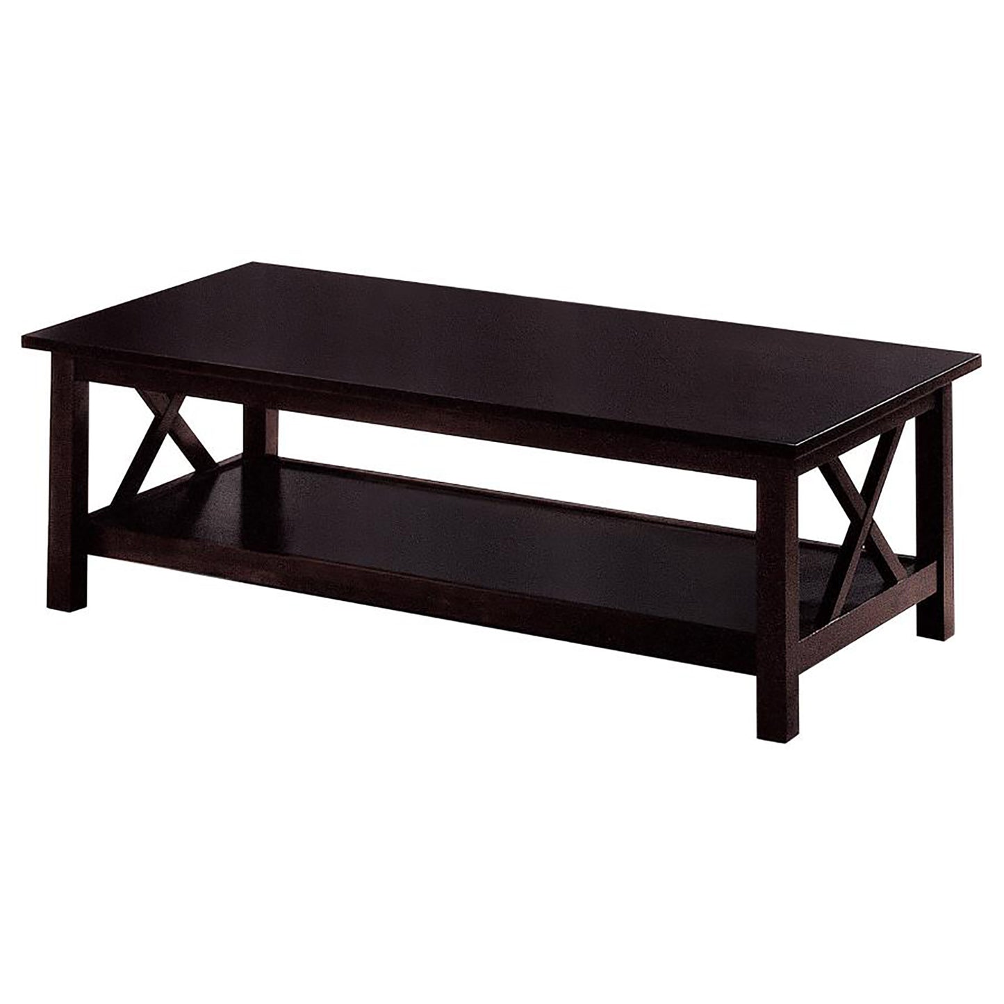 Dark brown wood coffee table with Xleg design and bottom shelf