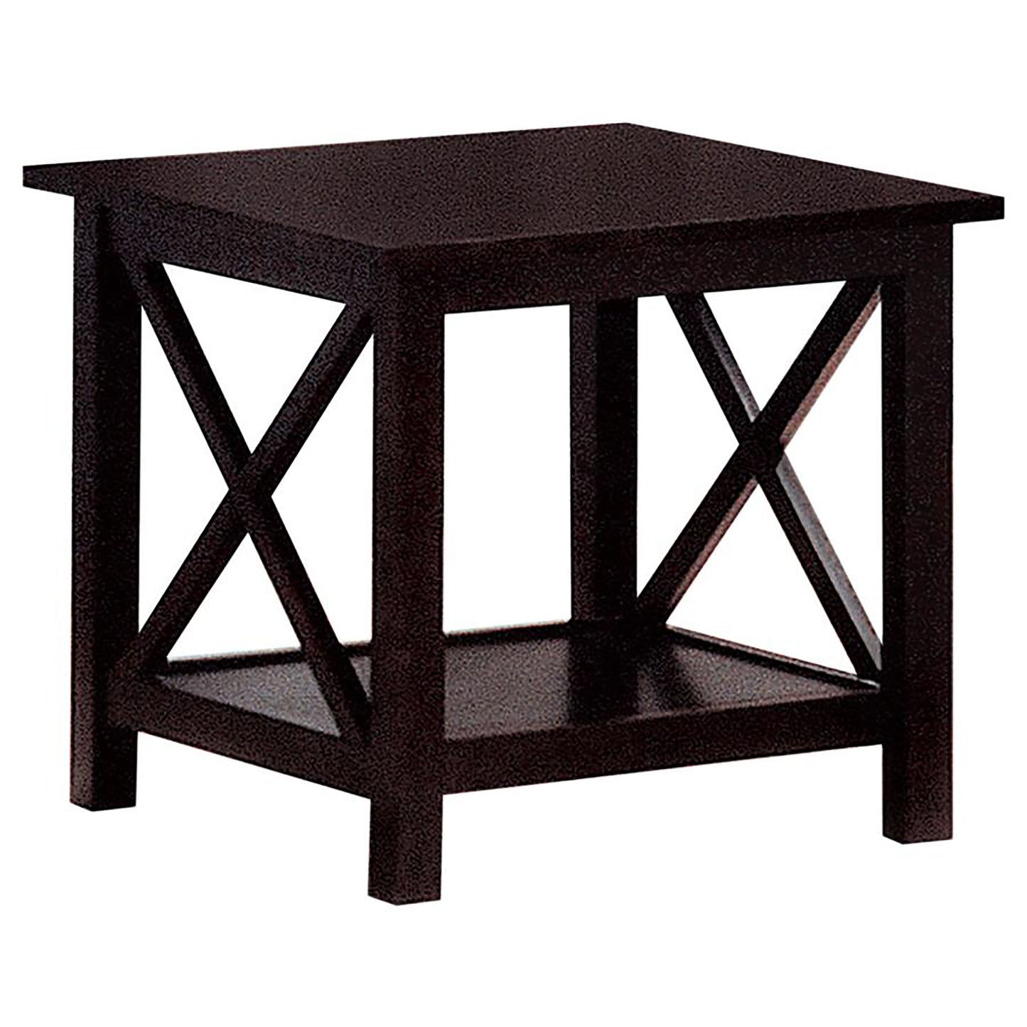 Dark brown wooden end table with Xbrace sides and bottom shelf