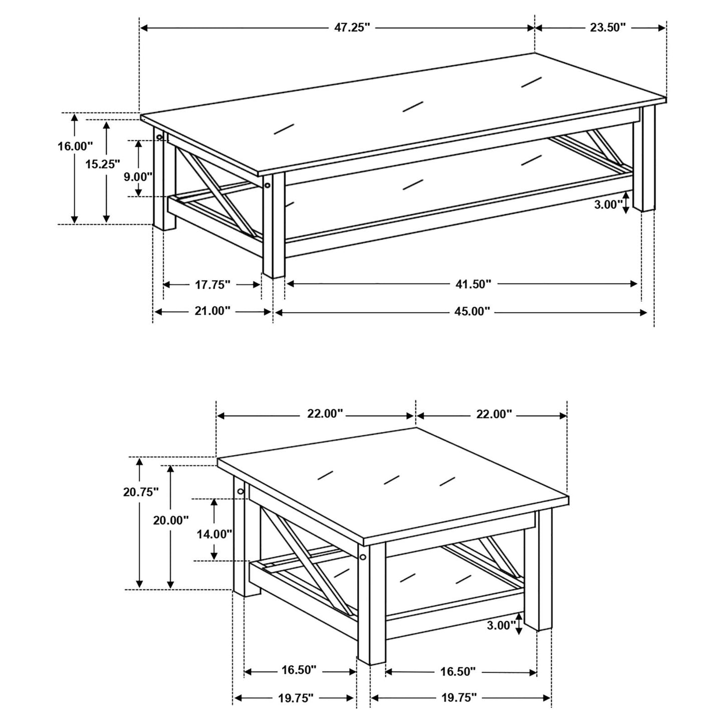 Diagram showing a long rectangular coffee table with shelf x x