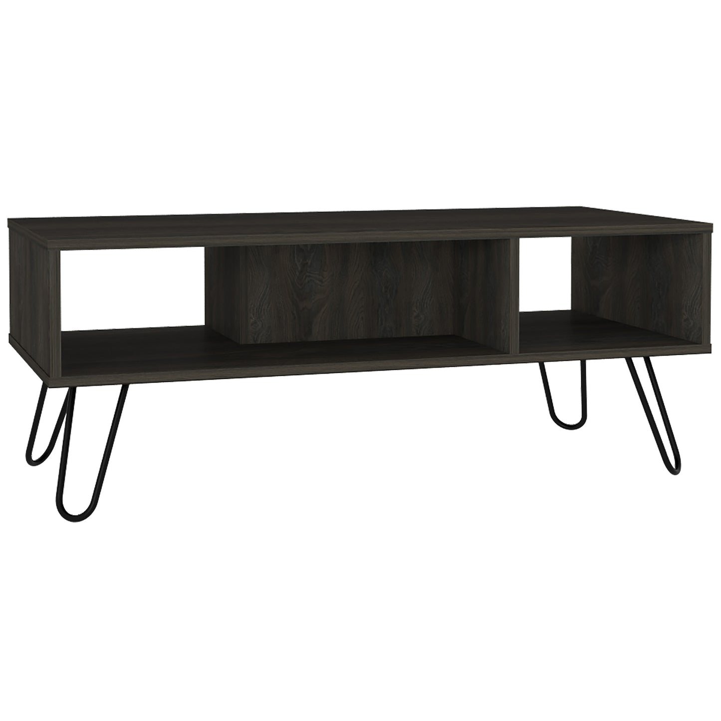 Dark wood entertainment center with open shelving and hairpin legs