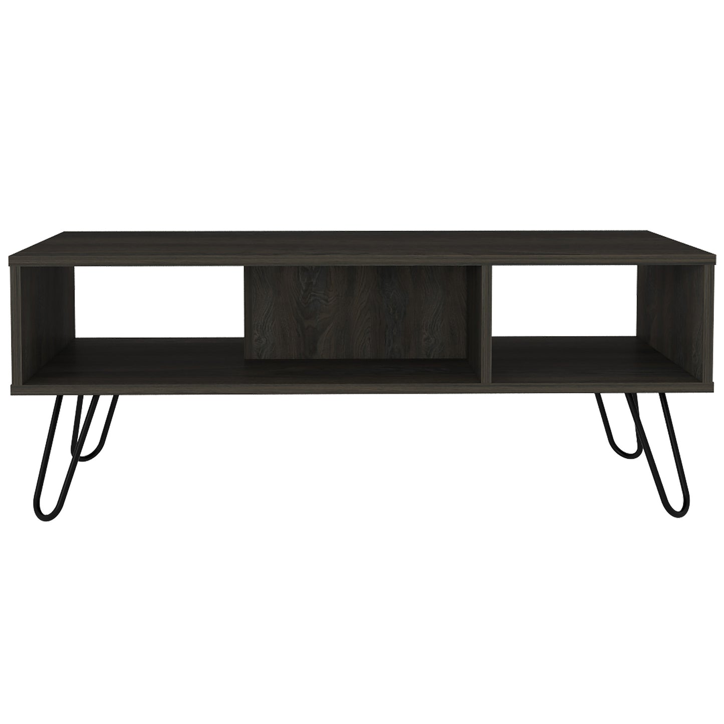 Dark gray wood TV stand with open compartments and hairpin legs perfect for modern living rooms
