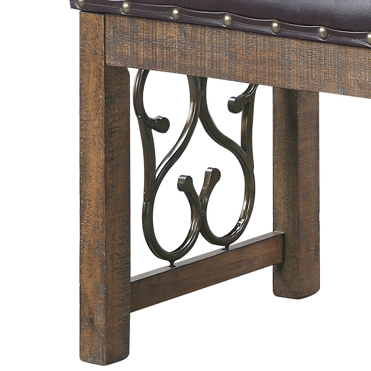 Rustic wood bench with dark brown faux leather upholstery and decorative metal scrollwork